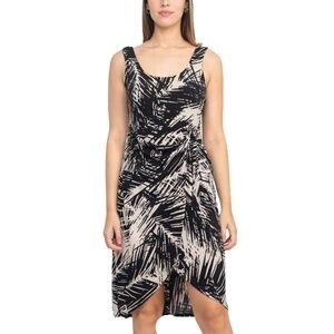 London Times Woman 14W Sleeveless Faux Wrap Palm Print High Low Sheath Dress